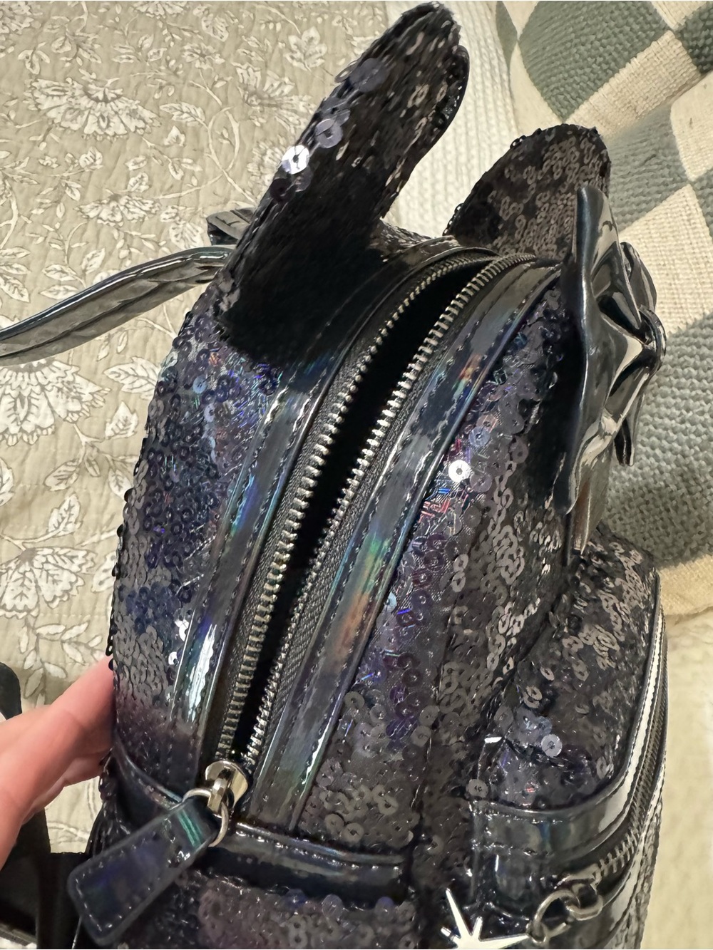 LoungeFly Sequin Minnie Ear Mini Backpack - Black - Picture 2 of 15